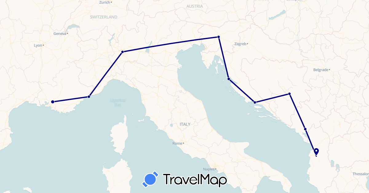 TravelMap itinerary: driving in Albania, Bosnia and Herzegovina, France, Croatia, Italy, Monaco, Montenegro, Slovenia (Europe)